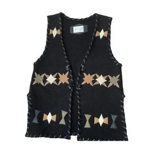 Vtg Black Sweater Vest Real Leather Patches & Blanket-Stitching Southwestern